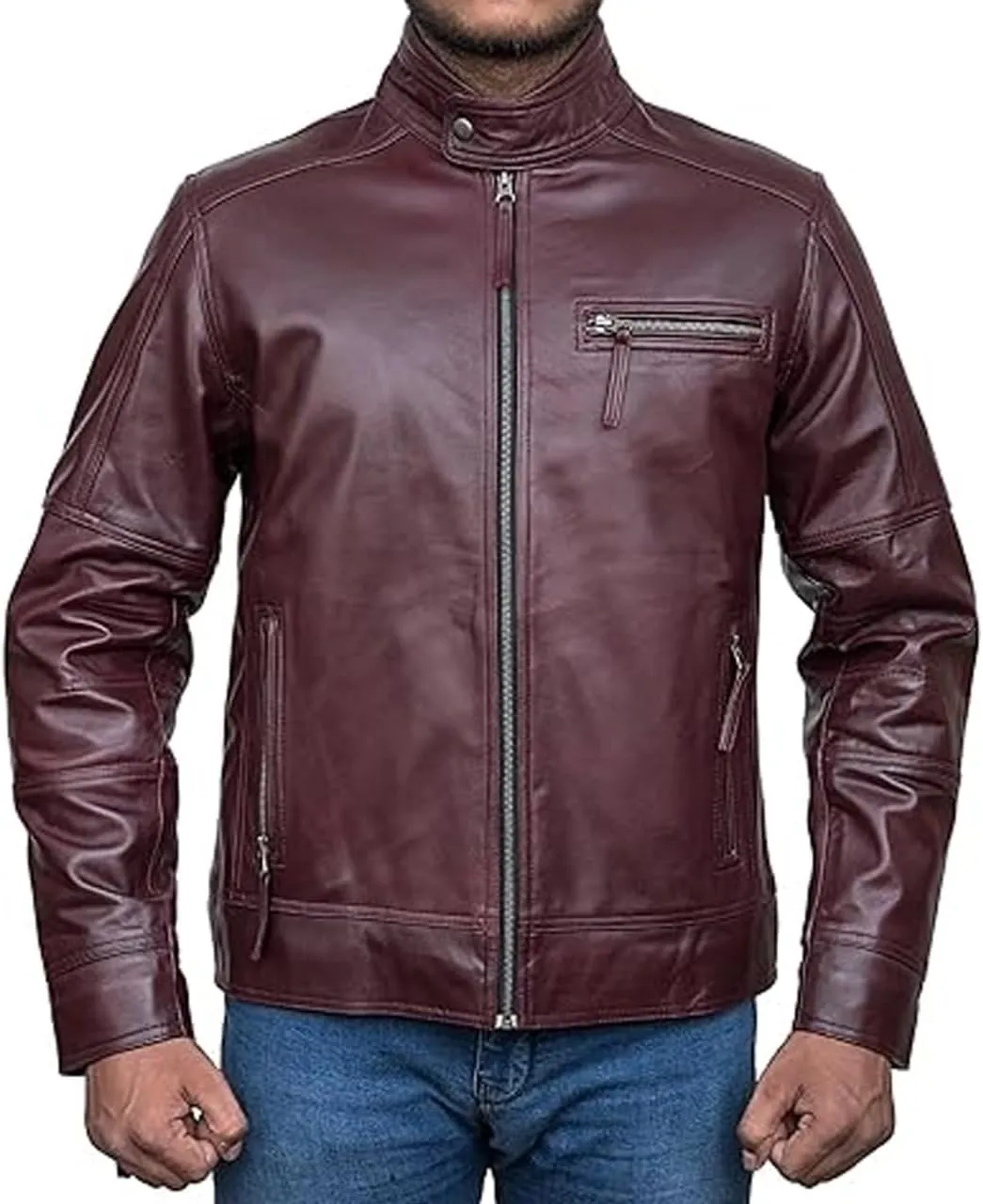 HIGOBO Cafe Racer Vintage Slim Fit Distressed Mens Motorcycle Biker Leather Jacket