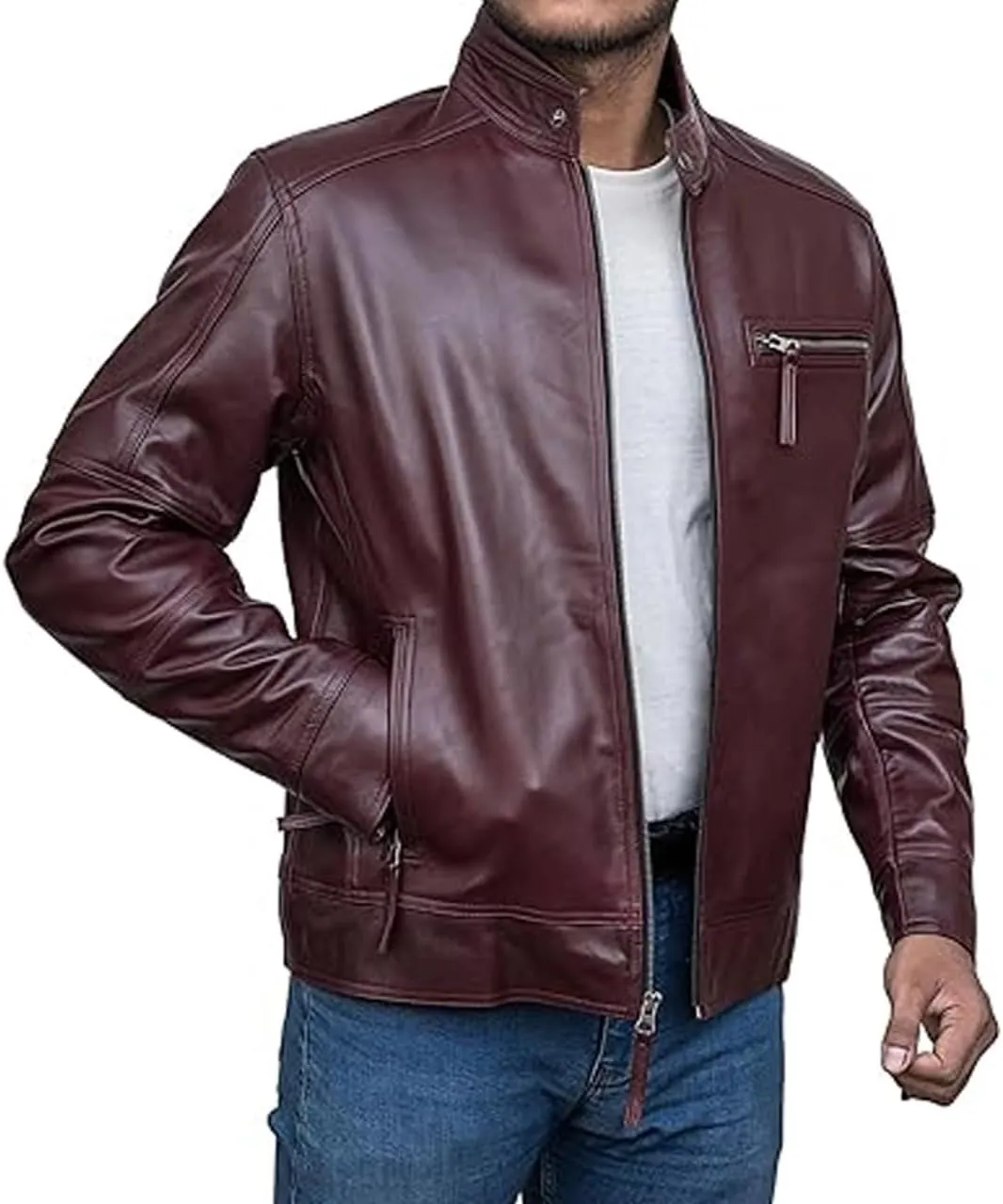 HIGOBO Cafe Racer Vintage Slim Fit Distressed Mens Motorcycle Biker Leather Jacket