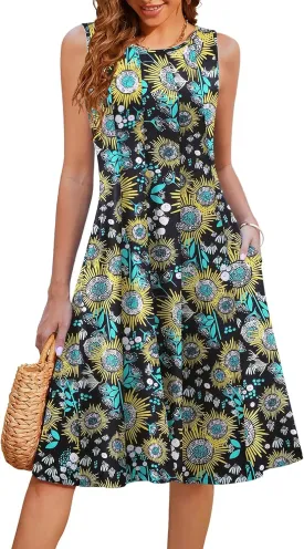 HOTOUCH Summer Casual Dresses for Women Sleeveless Midi Dress Swing Tank Sundress Pleated Tshirt Dress with Pockets