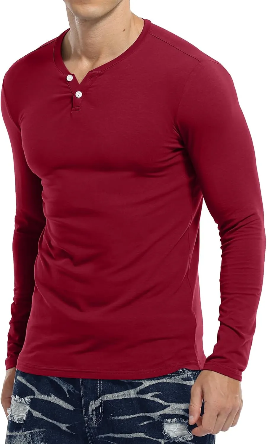 KUYIGO Mens Henley Shirts Slim Fit Long Sleeve Casual Button Fashion Cotton V Neck Tops Tee