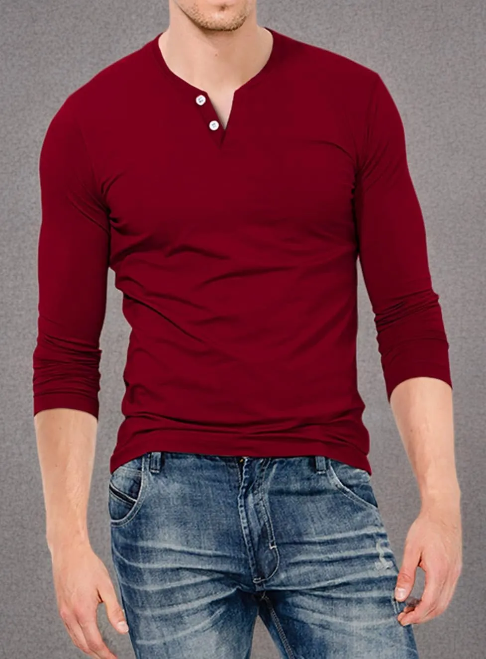 KUYIGO Mens Henley Shirts Slim Fit Long Sleeve Casual Button Fashion Cotton V Neck Tops Tee