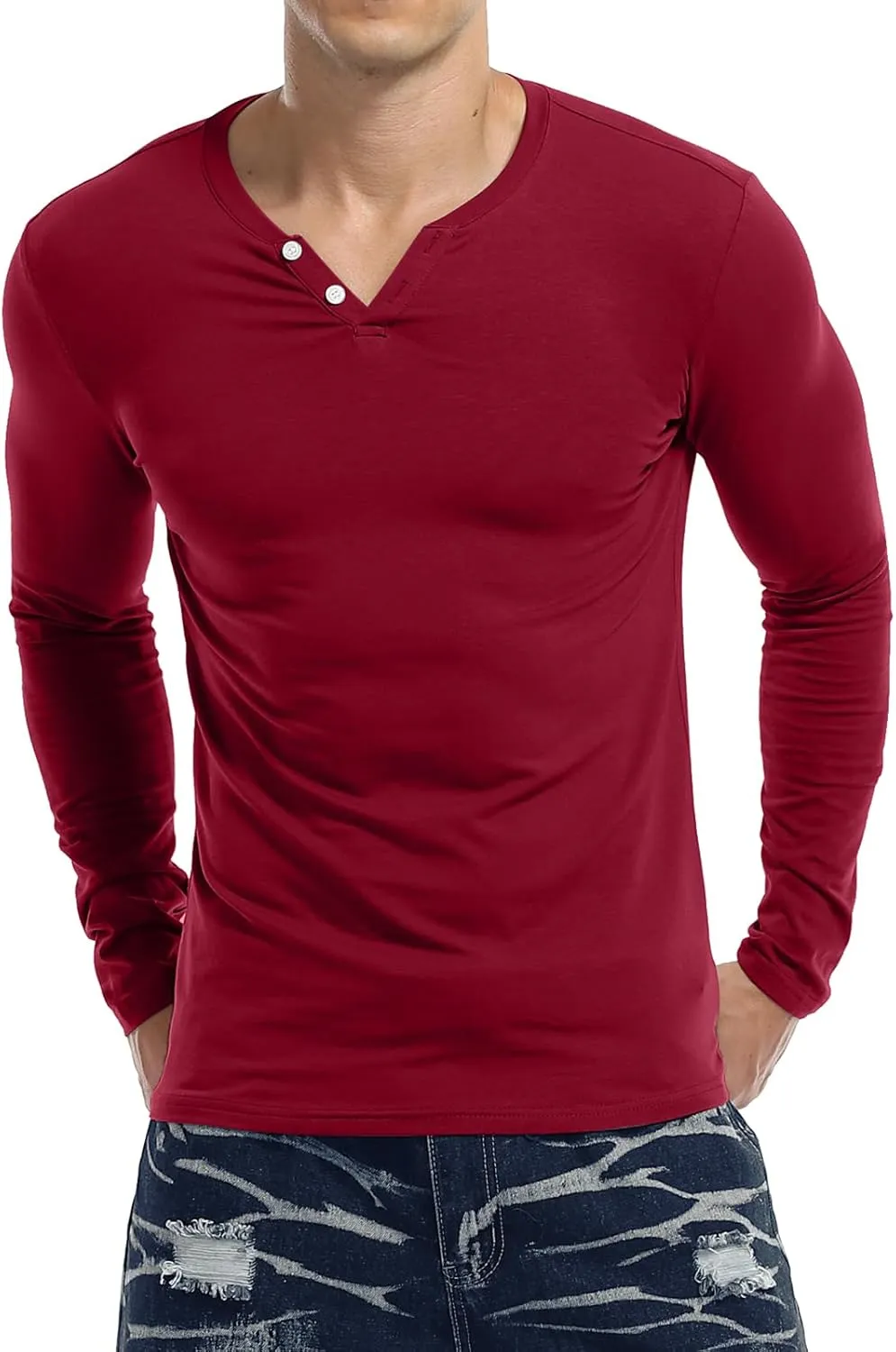 KUYIGO Mens Henley Shirts Slim Fit Long Sleeve Casual Button Fashion Cotton V Neck Tops Tee