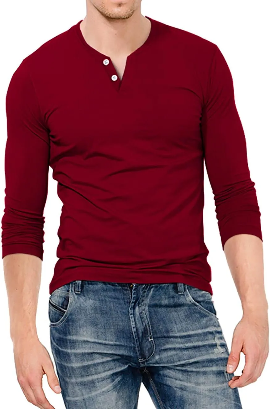 KUYIGO Mens Henley Shirts Slim Fit Long Sleeve Casual Button Fashion Cotton V Neck Tops Tee