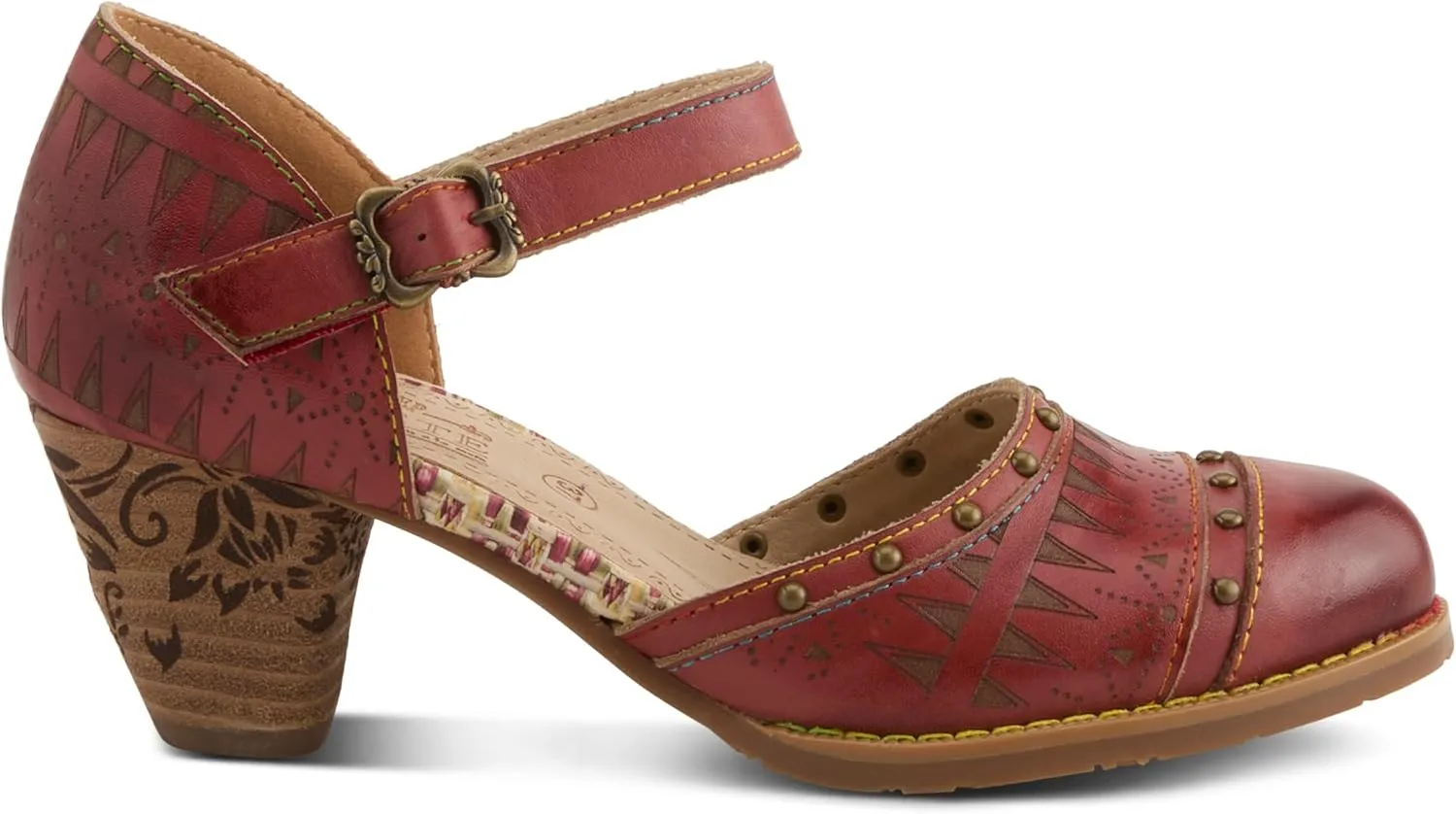 L'Artiste Women's NIOBELLA Hand-Painted Hook-and-Loop Mary Jane  Geometric Design, Decorative Buckle, Faux Stacked Heel
