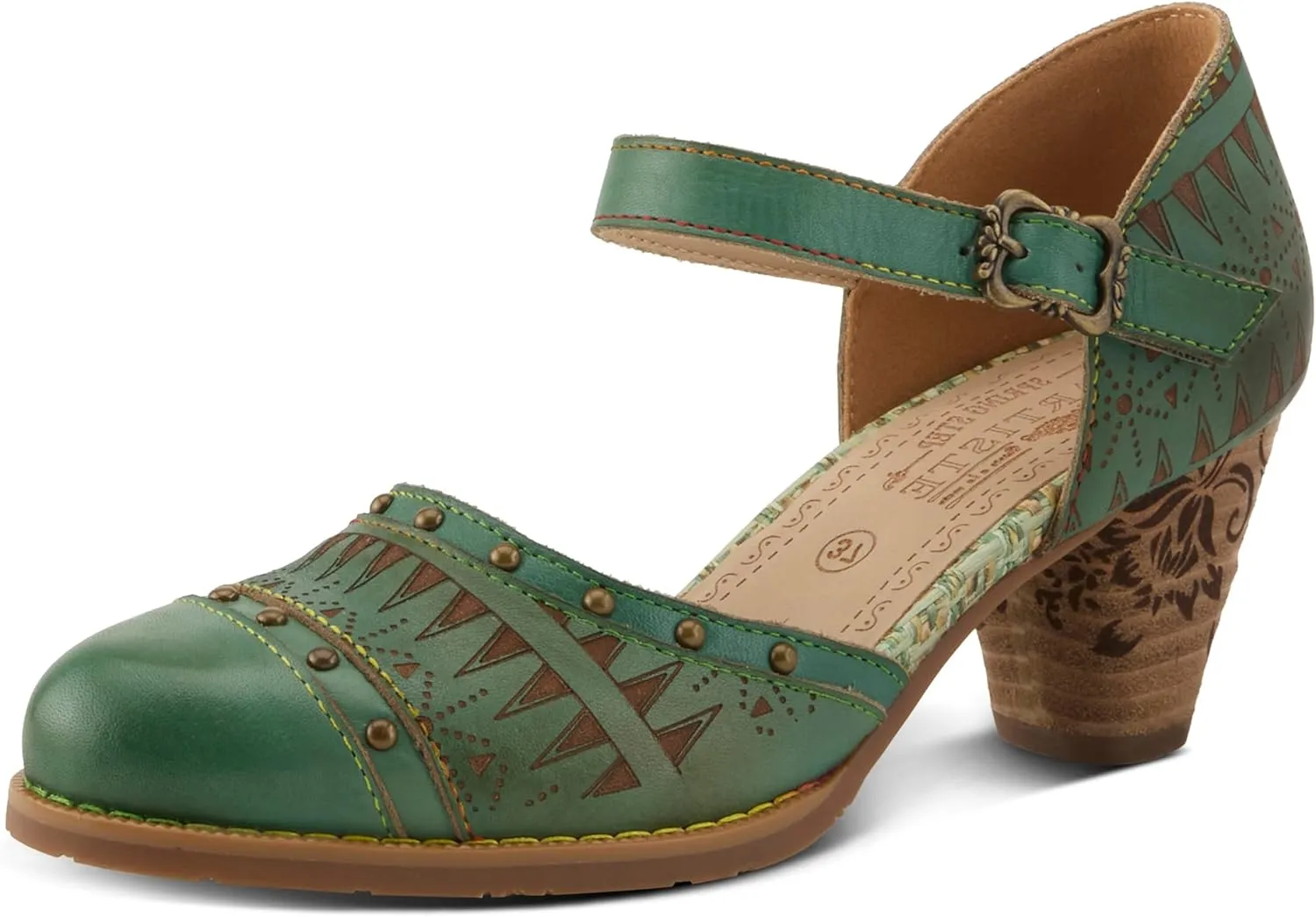 L'Artiste Women's NIOBELLA Hand-Painted Hook-and-Loop Mary Jane  Geometric Design, Decorative Buckle, Faux Stacked Heel