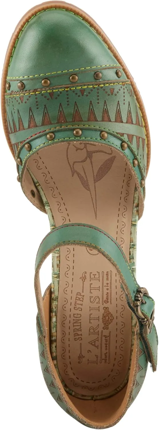 L'Artiste Women's NIOBELLA Hand-Painted Hook-and-Loop Mary Jane  Geometric Design, Decorative Buckle, Faux Stacked Heel