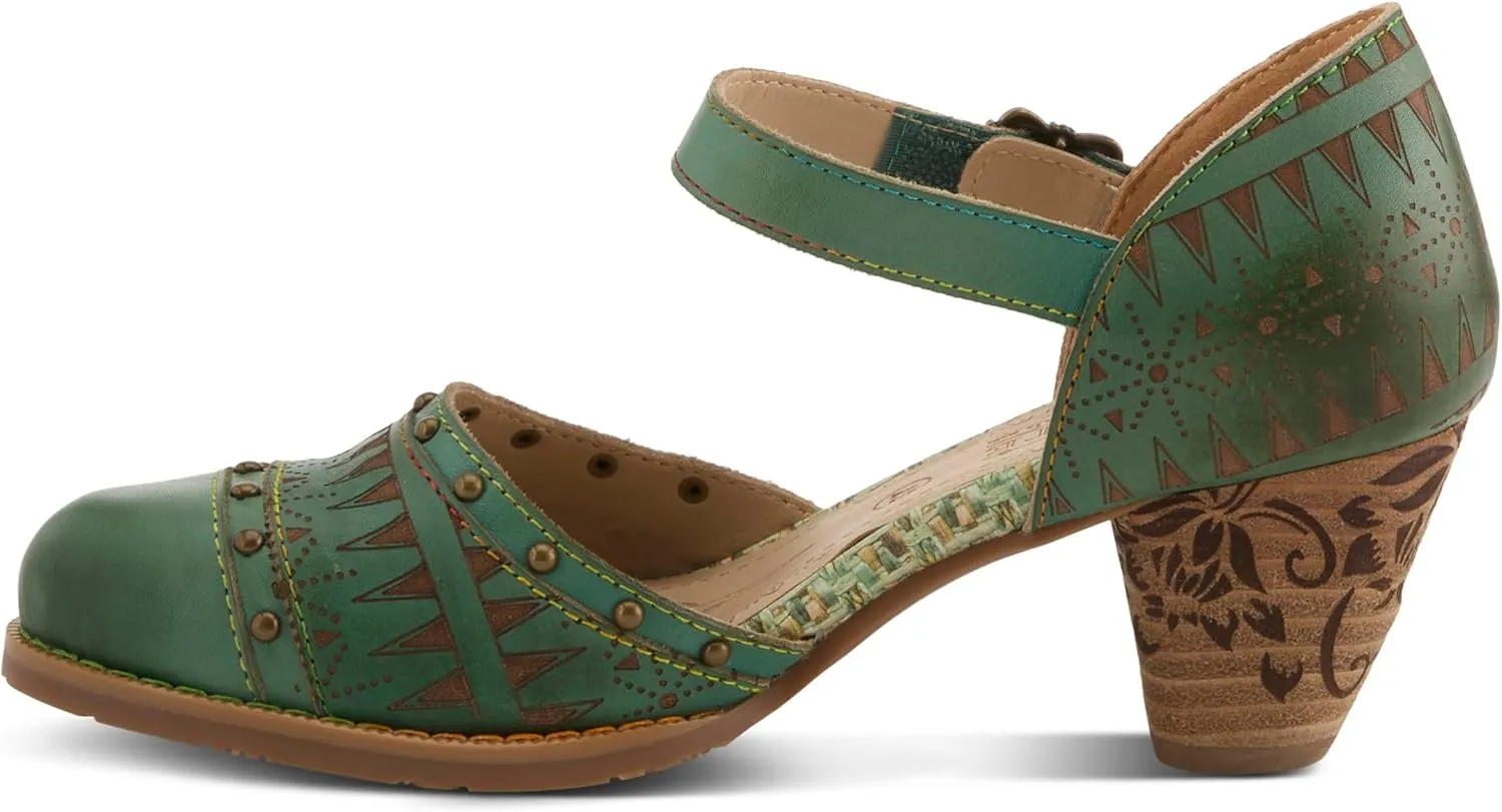 L'Artiste Women's NIOBELLA Hand-Painted Hook-and-Loop Mary Jane  Geometric Design, Decorative Buckle, Faux Stacked Heel