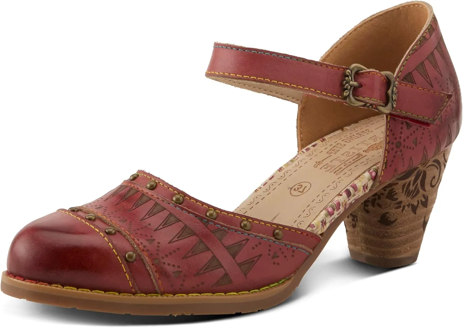 L'Artiste Women's NIOBELLA Hand-Painted Hook-and-Loop Mary Jane  Geometric Design, Decorative Buckle, Faux Stacked Heel