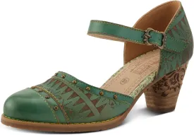 L'Artiste Women's NIOBELLA Hand-Painted Hook-and-Loop Mary Jane  Geometric Design, Decorative Buckle, Faux Stacked Heel