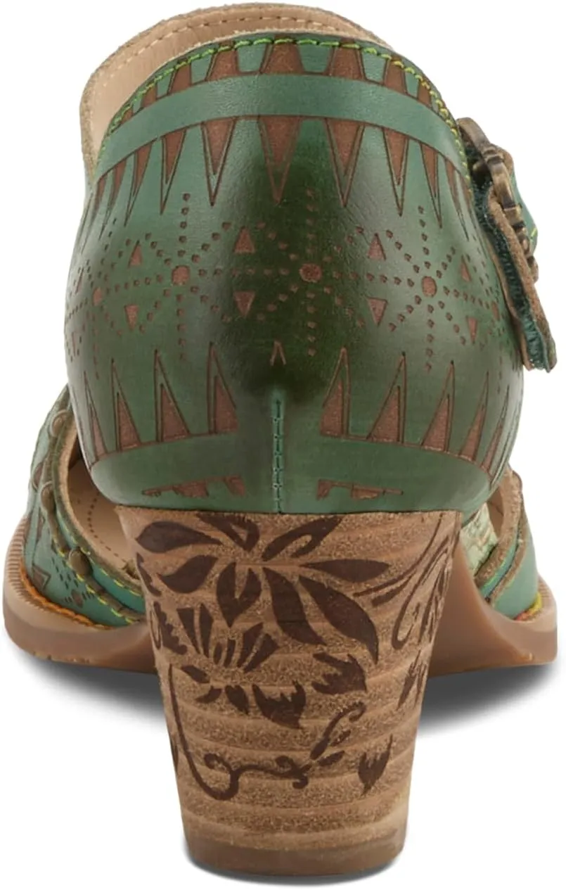 L'Artiste Women's NIOBELLA Hand-Painted Hook-and-Loop Mary Jane  Geometric Design, Decorative Buckle, Faux Stacked Heel