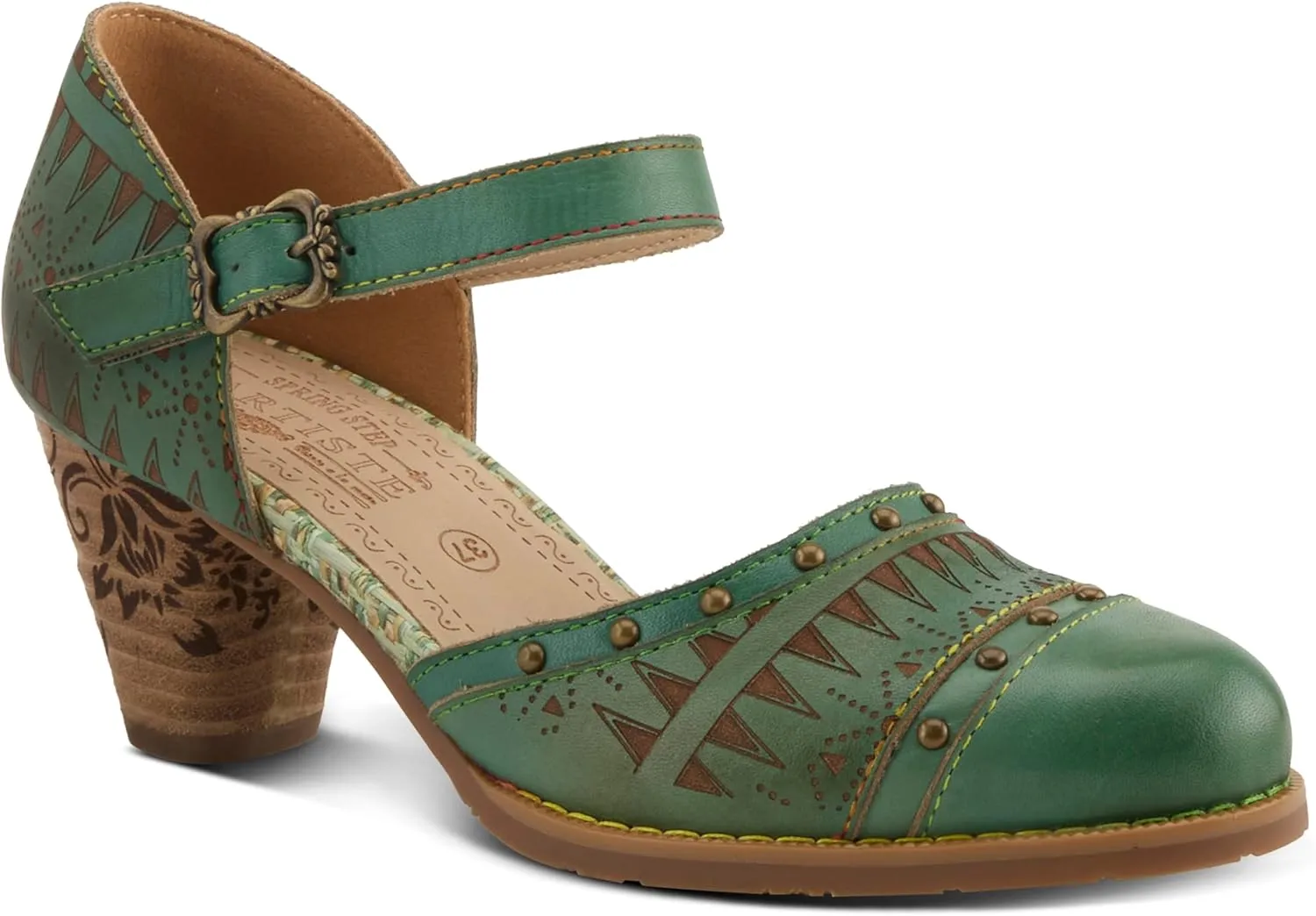 L'Artiste Women's NIOBELLA Hand-Painted Hook-and-Loop Mary Jane  Geometric Design, Decorative Buckle, Faux Stacked Heel