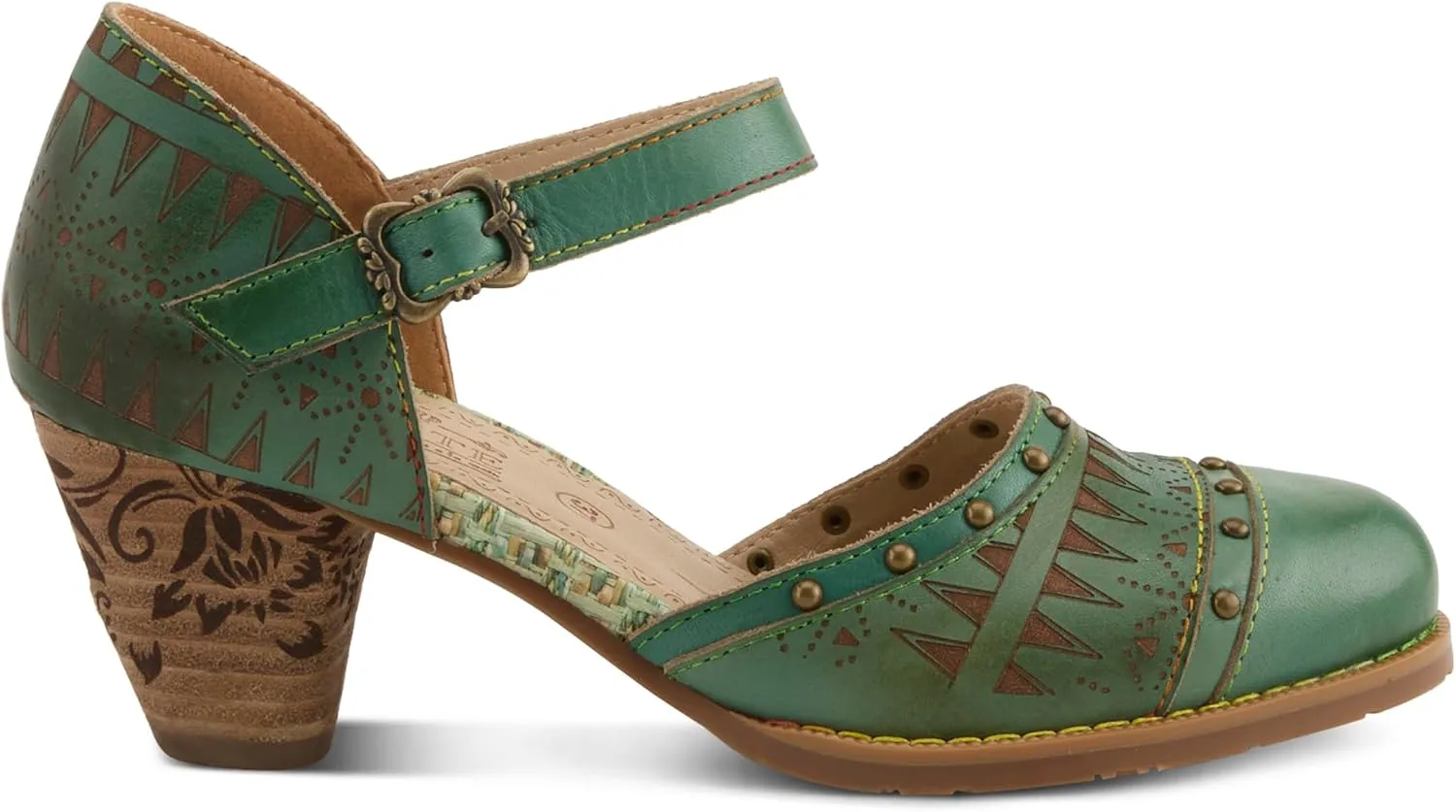 L'Artiste Women's NIOBELLA Hand-Painted Hook-and-Loop Mary Jane  Geometric Design, Decorative Buckle, Faux Stacked Heel