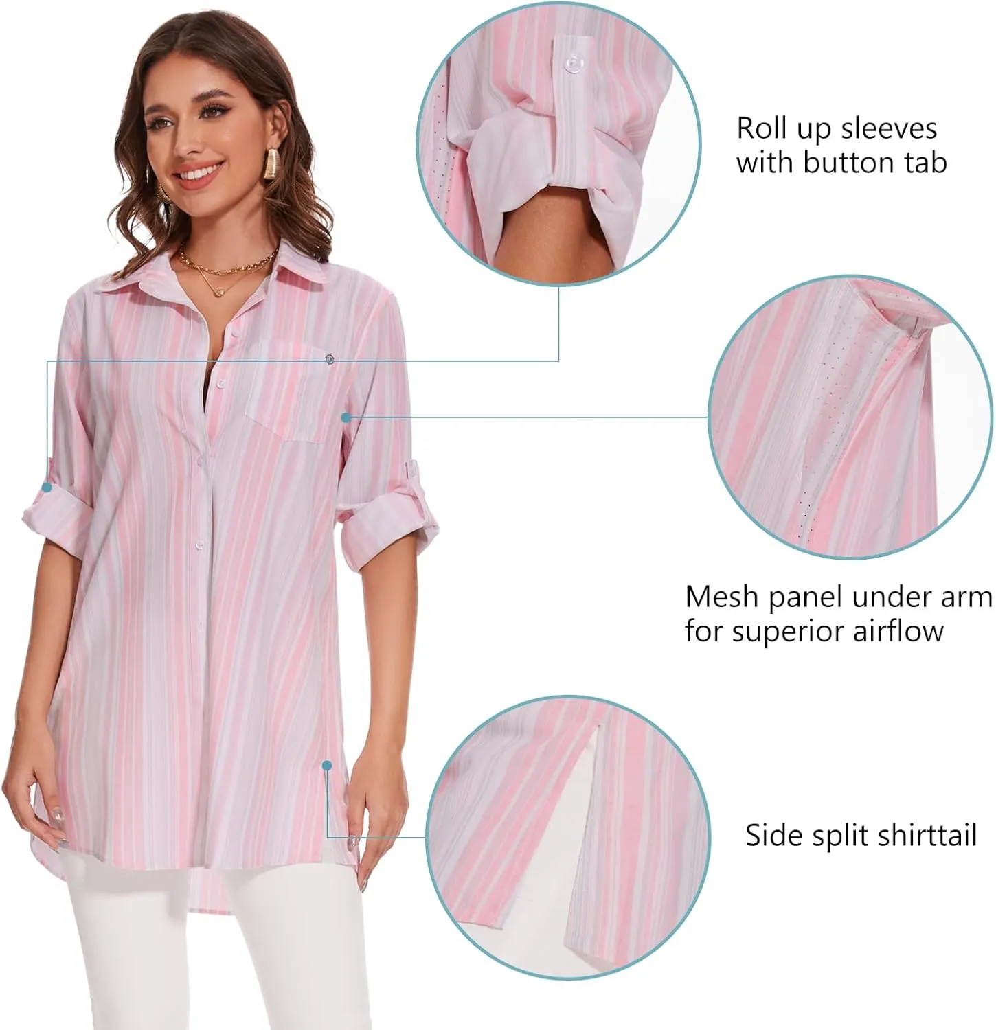 Lightbare Womens UPF 50  Button Down Shirt Dress Collared Long Sleeve Blouse Swimsuit Coverup Boyfriend Shirts Loose Fit