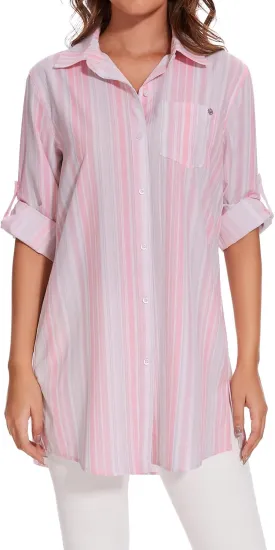 Lightbare Womens UPF 50  Button Down Shirt Dress Collared Long Sleeve Blouse Swimsuit Coverup Boyfriend Shirts Loose Fit