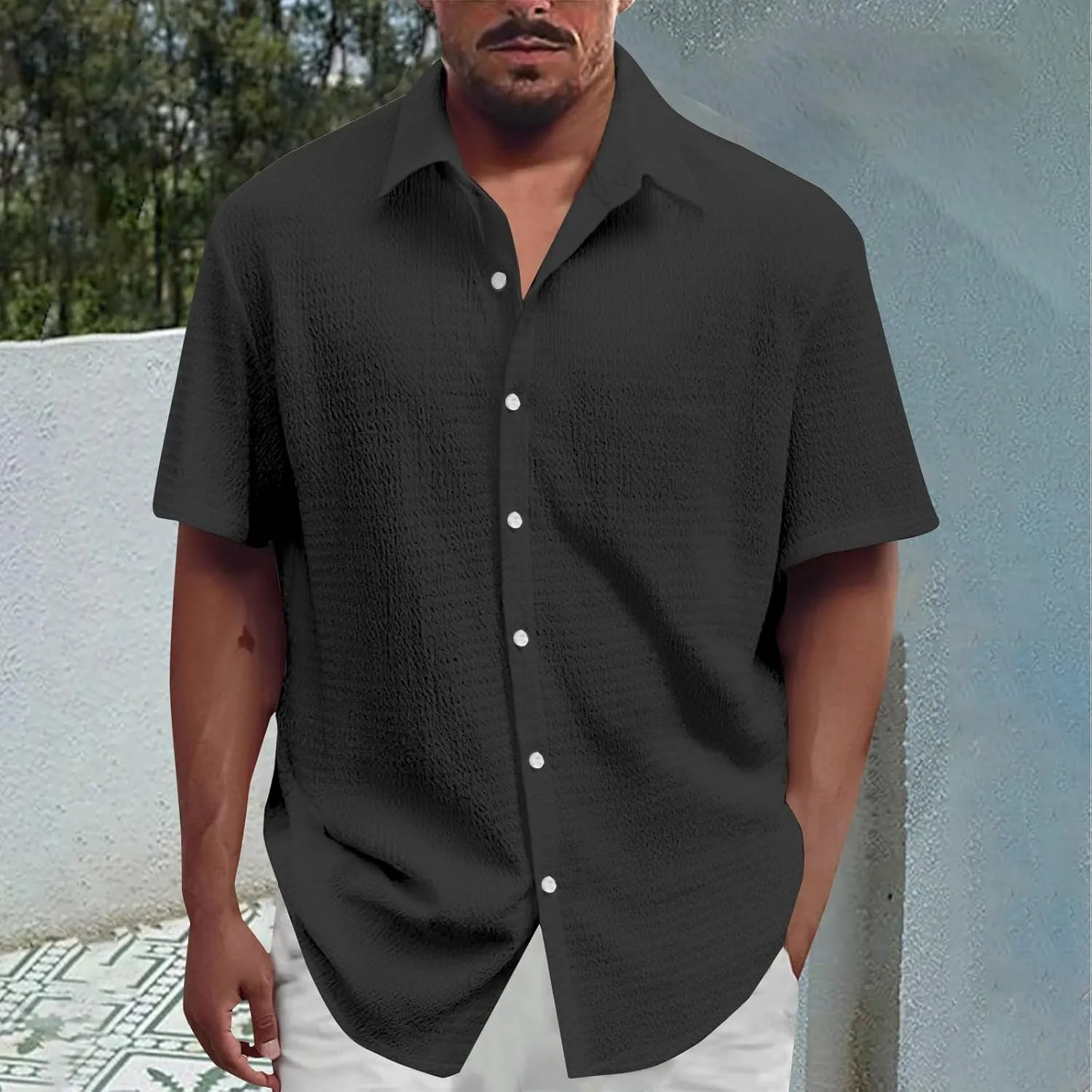 Loose Short Sleeve Shirts Mens Button Down Collared Hawaiian Beach T-Shirts Solid Casual Summer Tropical Holiday Tops