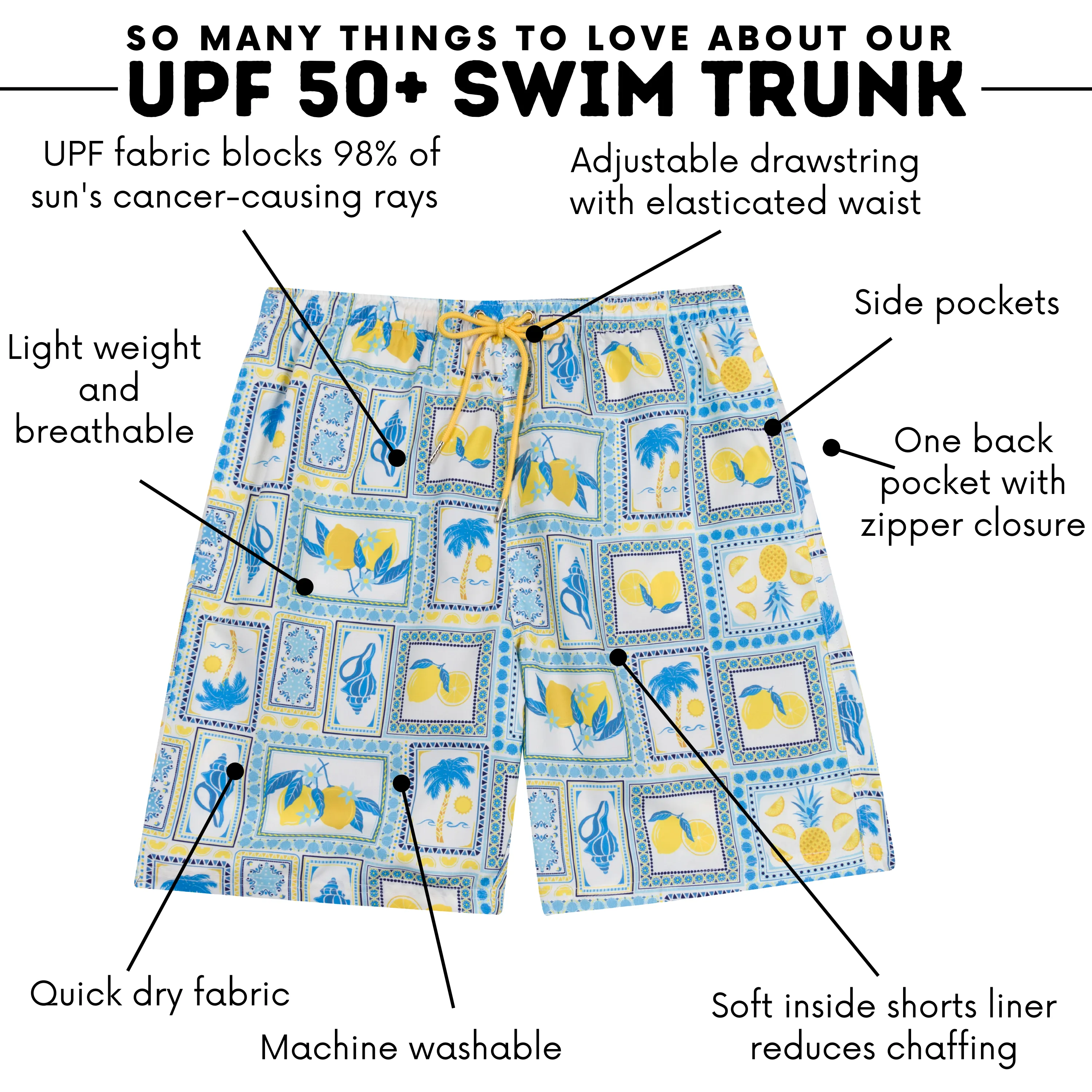 Men's 8" Swim Trunks Boxer Brief Liner | "Mediterranean Lemons"
