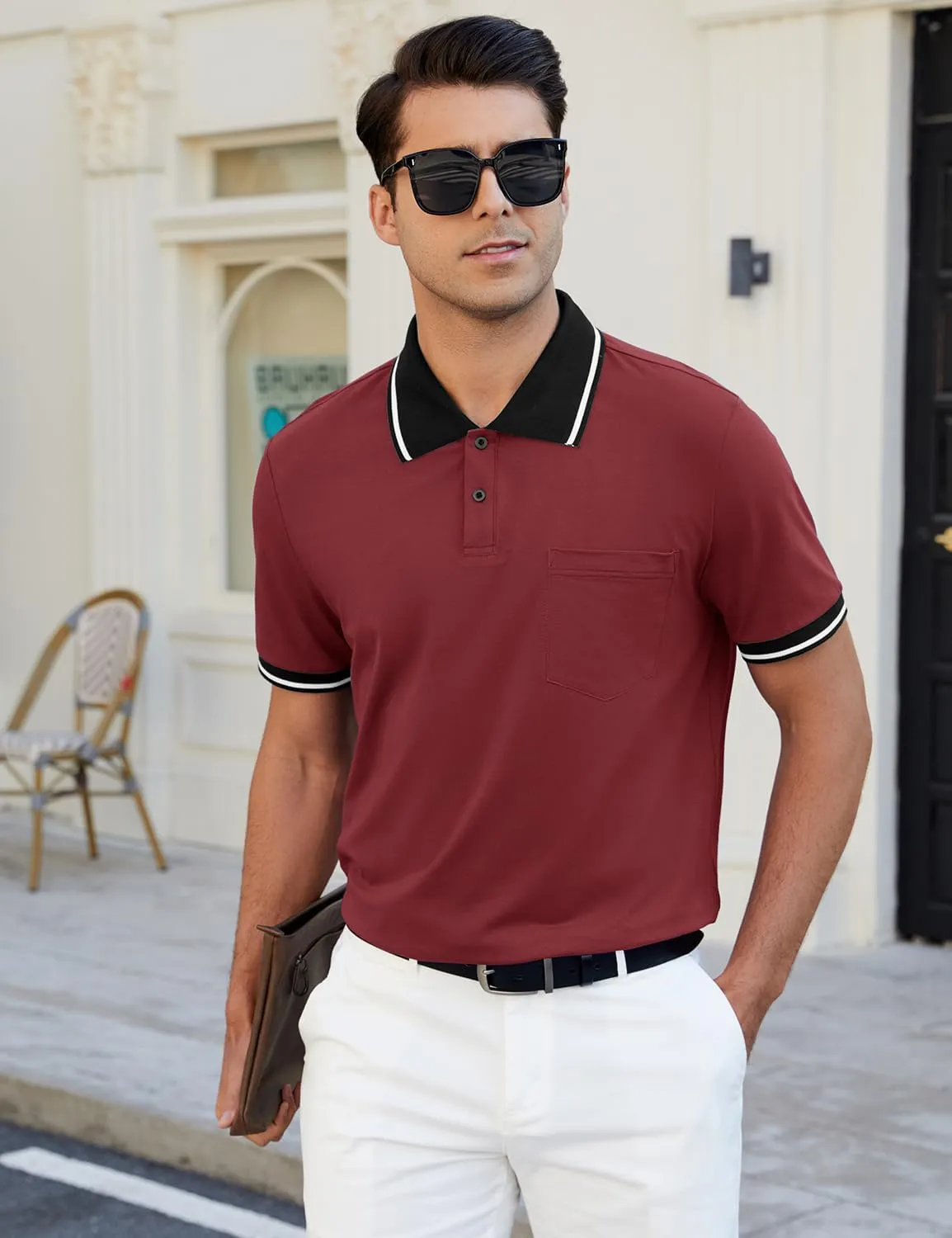 Men's Casual Short Sleeve Polo Shirts Classic Button Summer Collared Golf Top T-Shirt with Pocket