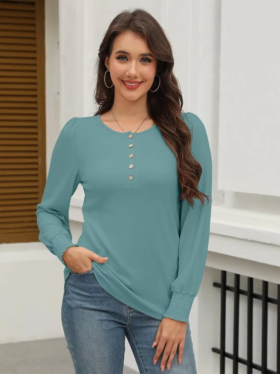 Minetom Women's Long Sleeve Henley Tops Smocked Puff Sleeve Tops Casual Shirts Blouses