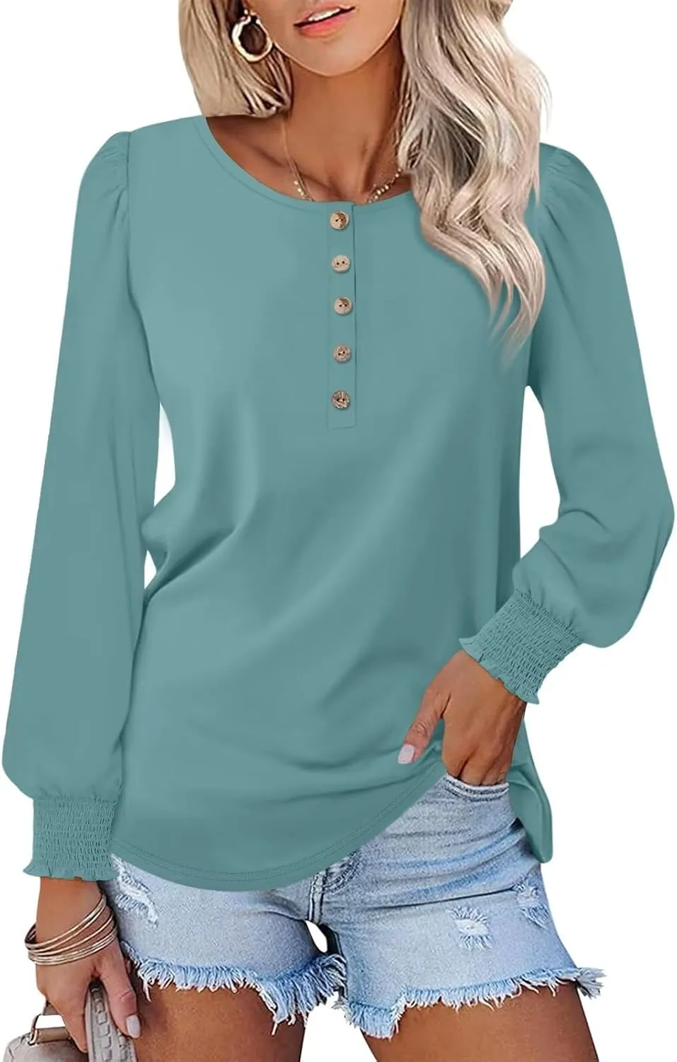 Minetom Women's Long Sleeve Henley Tops Smocked Puff Sleeve Tops Casual Shirts Blouses