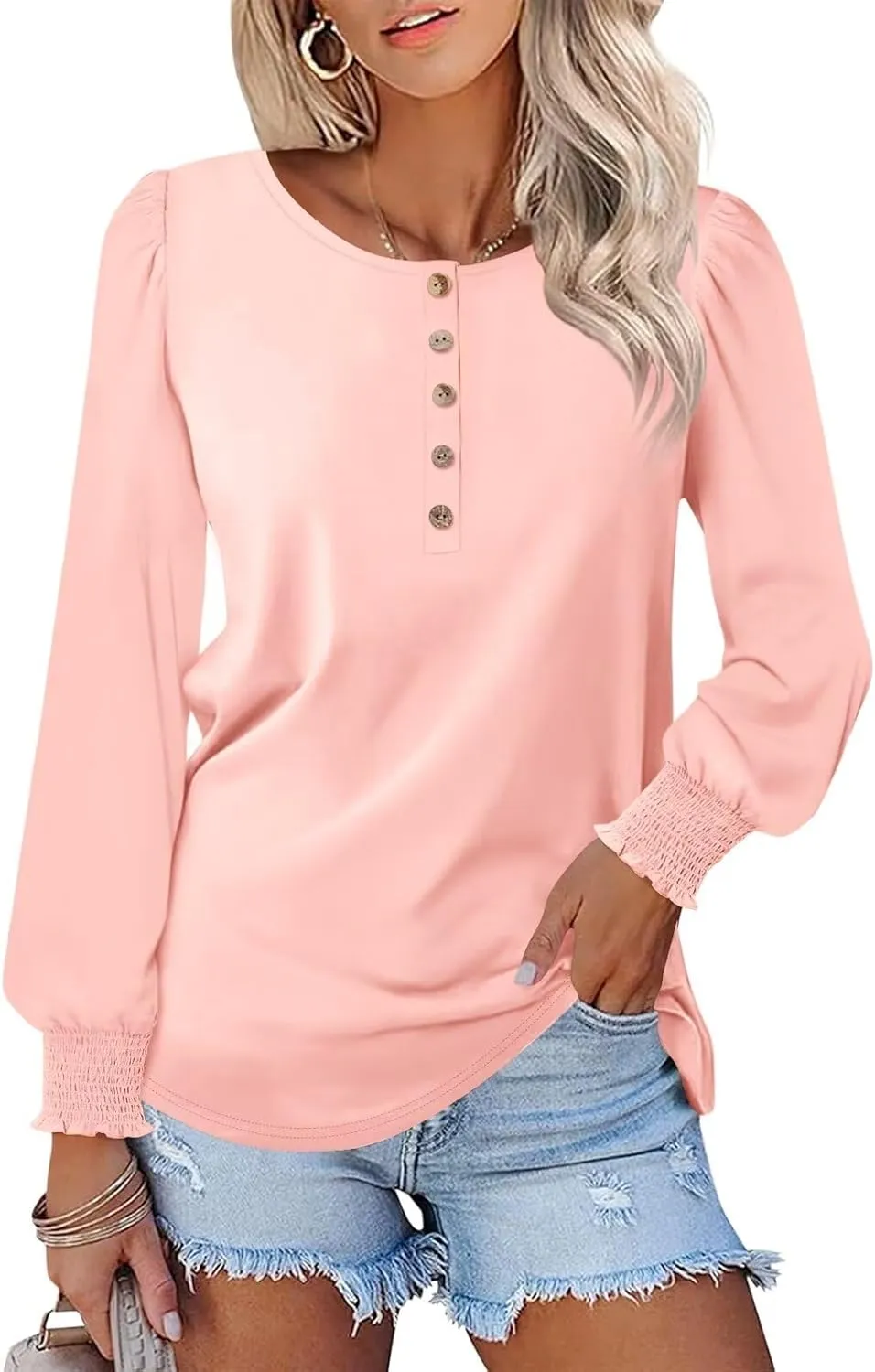 Minetom Women's Long Sleeve Henley Tops Smocked Puff Sleeve Tops Casual Shirts Blouses