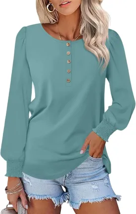 Minetom Women's Long Sleeve Henley Tops Smocked Puff Sleeve Tops Casual Shirts Blouses