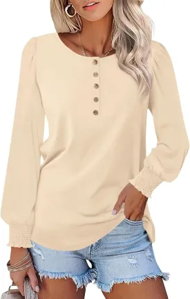 Minetom Women's Long Sleeve Henley Tops Smocked Puff Sleeve Tops Casual Shirts Blouses