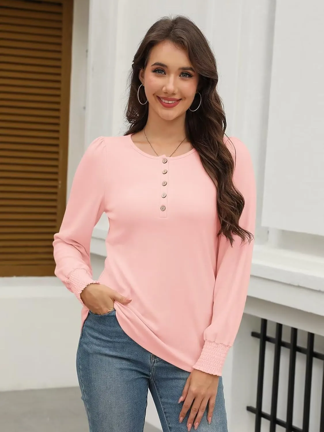 Minetom Women's Long Sleeve Henley Tops Smocked Puff Sleeve Tops Casual Shirts Blouses