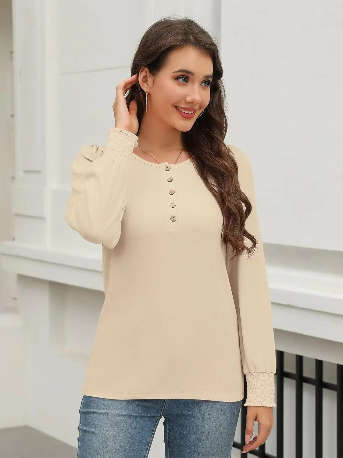 Minetom Women's Long Sleeve Henley Tops Smocked Puff Sleeve Tops Casual Shirts Blouses