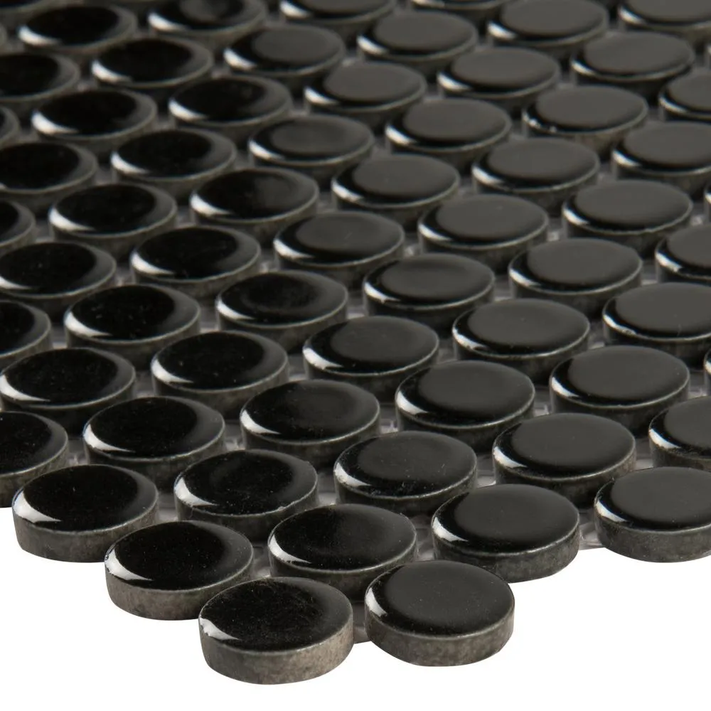 MSI Black Glossy Penny Round 11.57 in. x 12.4 in. x 10mm Porcelain Mesh-Mounted Mosaic Floor Wall  Tile