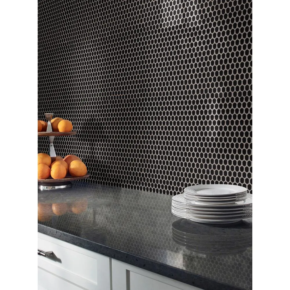 MSI Black Glossy Penny Round 11.57 in. x 12.4 in. x 10mm Porcelain Mesh-Mounted Mosaic Floor Wall  Tile