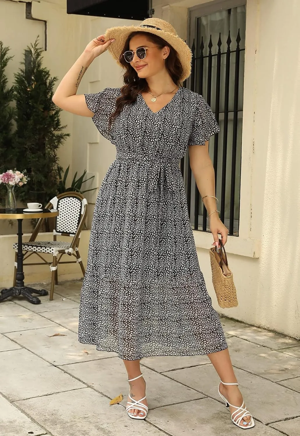 Nemidor Womens Casual Plus Size Boho Print Belted Layered Chiffon Long Dress with Ruffle Sleeve NEM310