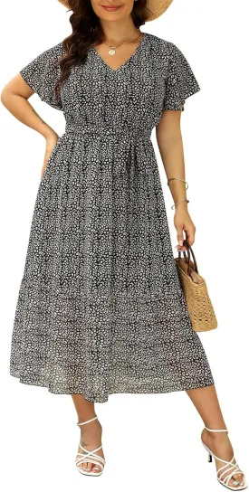 Nemidor Womens Casual Plus Size Boho Print Belted Layered Chiffon Long Dress with Ruffle Sleeve NEM310