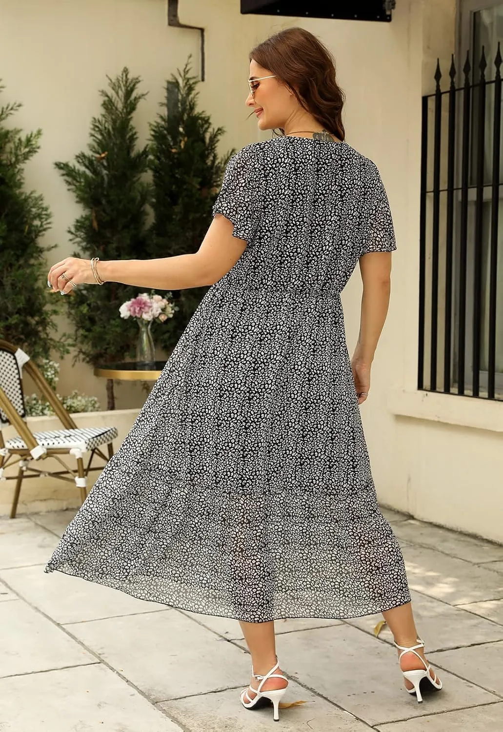 Nemidor Womens Casual Plus Size Boho Print Belted Layered Chiffon Long Dress with Ruffle Sleeve NEM310