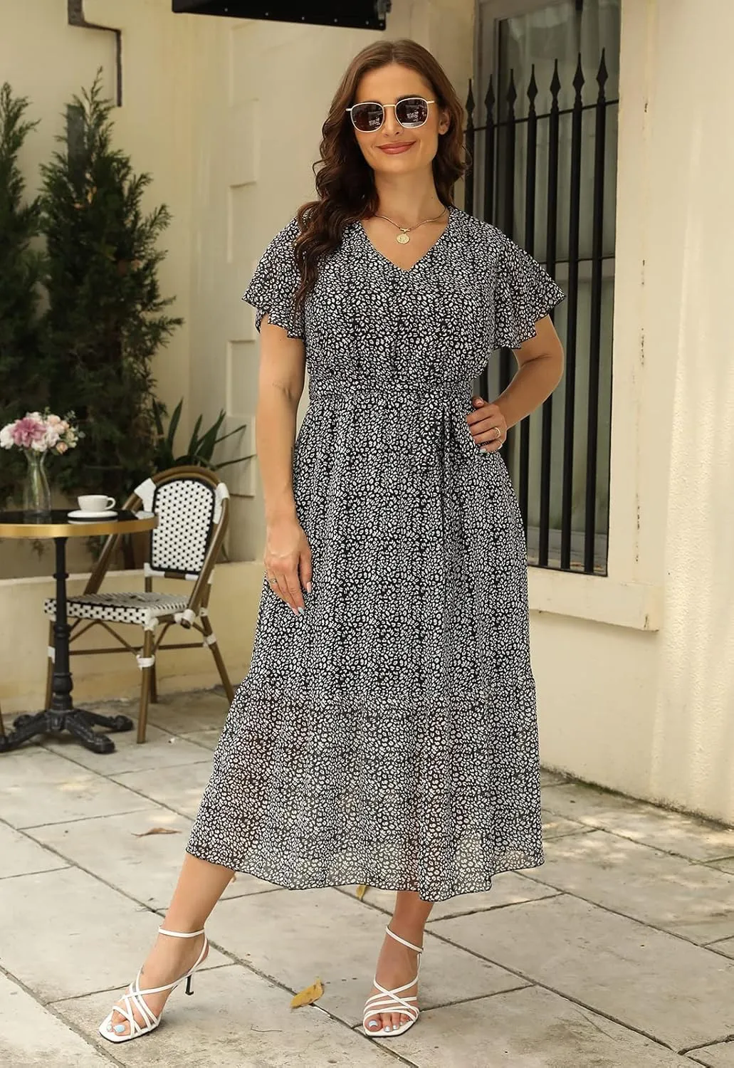 Nemidor Womens Casual Plus Size Boho Print Belted Layered Chiffon Long Dress with Ruffle Sleeve NEM310
