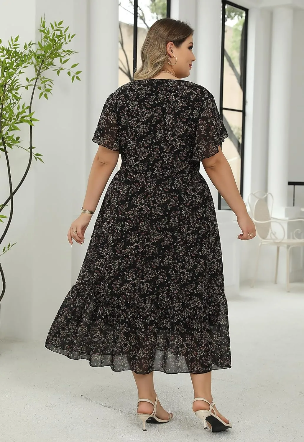 Nemidor Womens Casual Plus Size Boho Print Belted Layered Chiffon Long Dress with Ruffle Sleeve NEM310