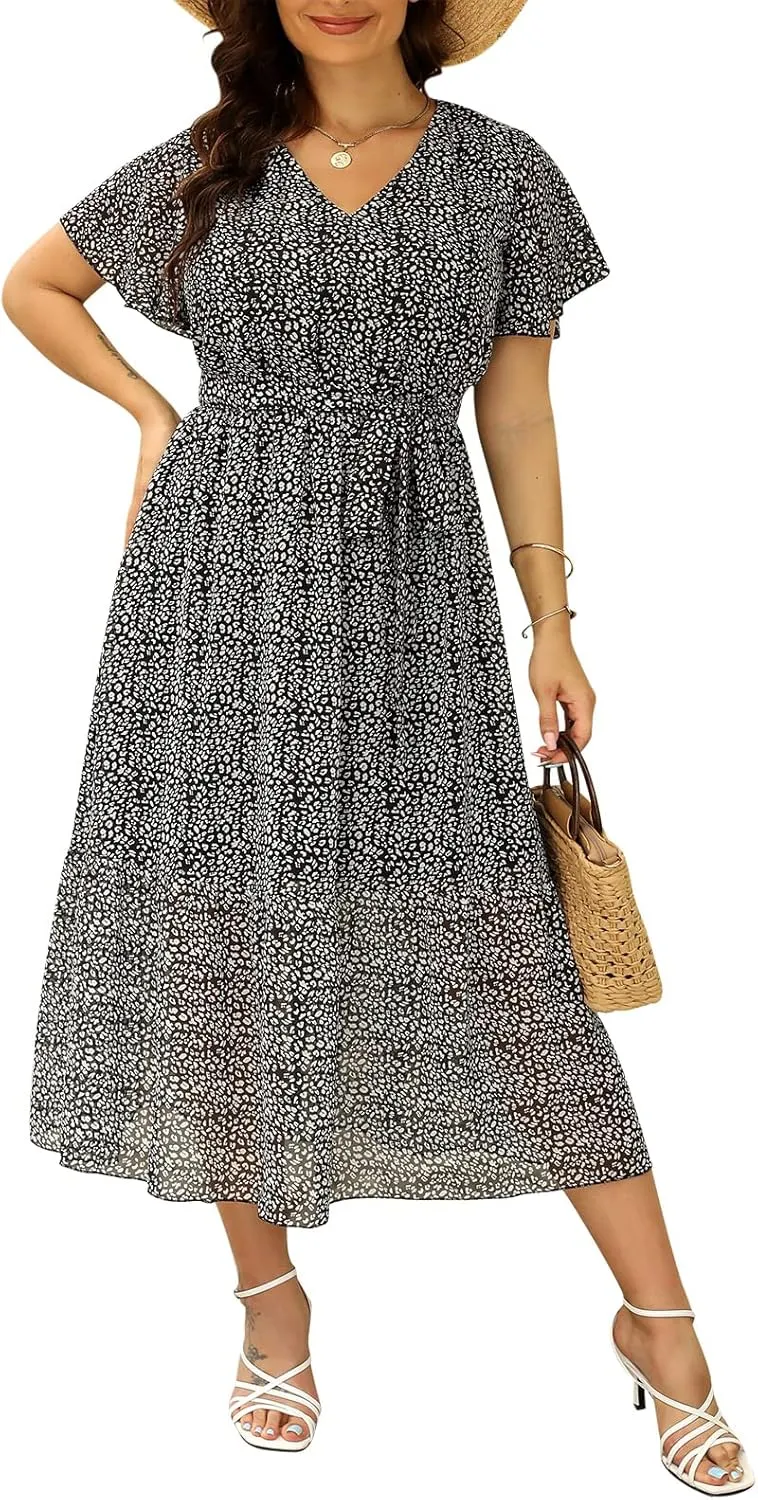 Nemidor Womens Casual Plus Size Boho Print Belted Layered Chiffon Long Dress with Ruffle Sleeve NEM310