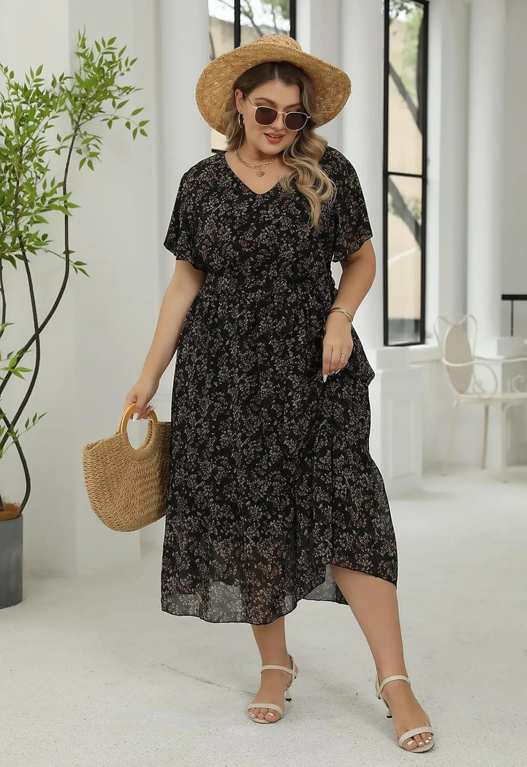 Nemidor Womens Casual Plus Size Boho Print Belted Layered Chiffon Long Dress with Ruffle Sleeve NEM310