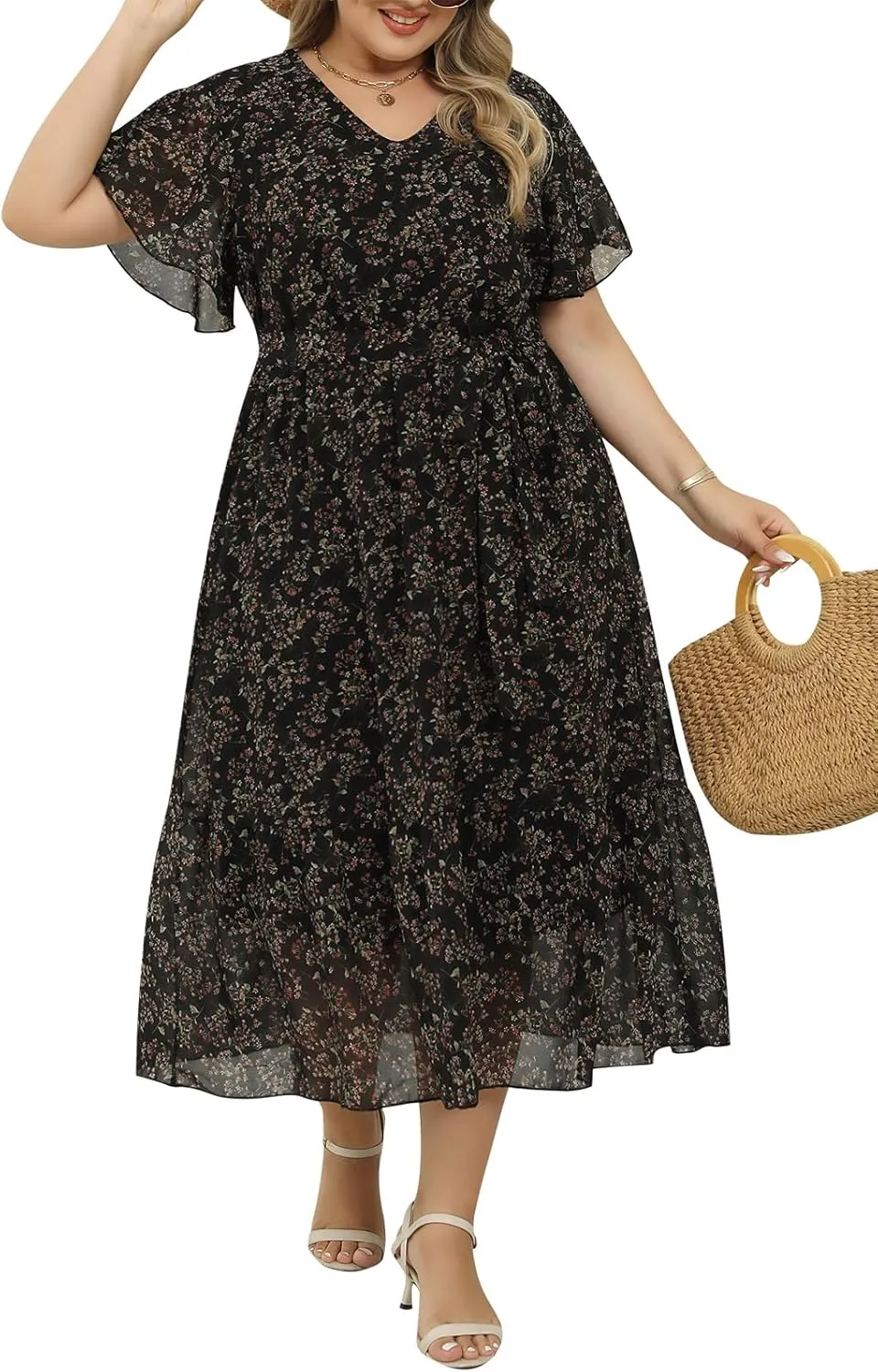 Nemidor Womens Casual Plus Size Boho Print Belted Layered Chiffon Long Dress with Ruffle Sleeve NEM310