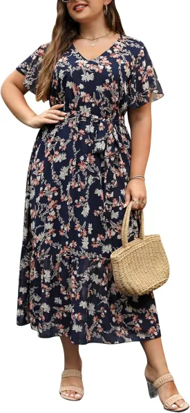 Nemidor Womens Casual Plus Size Boho Print Belted Layered Chiffon Long Dress with Ruffle Sleeve NEM310