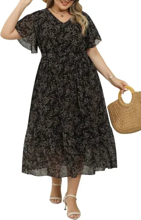 Nemidor Womens Casual Plus Size Boho Print Belted Layered Chiffon Long Dress with Ruffle Sleeve NEM310