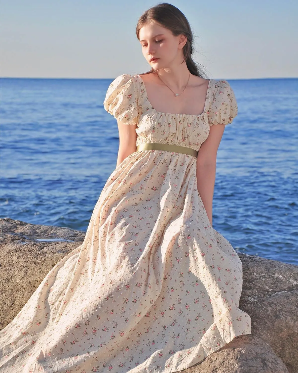 Nuoqi Regency Dresses for Women Floral Regency Era Dress Empire Waist Long Tea Party Dress