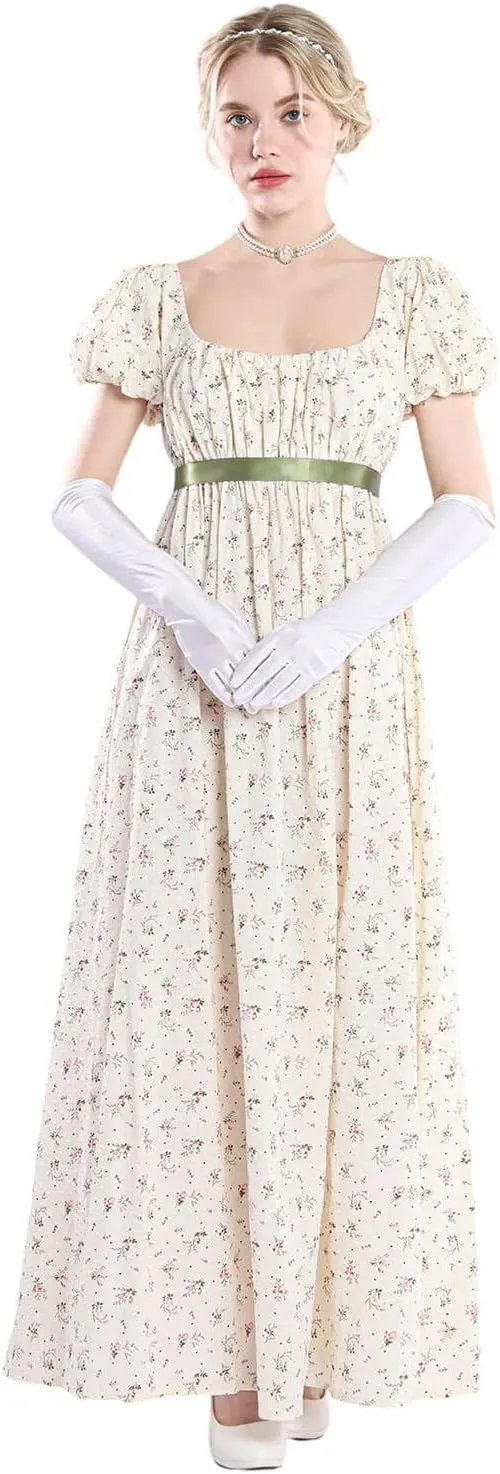 Nuoqi Regency Dresses for Women Floral Regency Era Dress Empire Waist Long Tea Party Dress