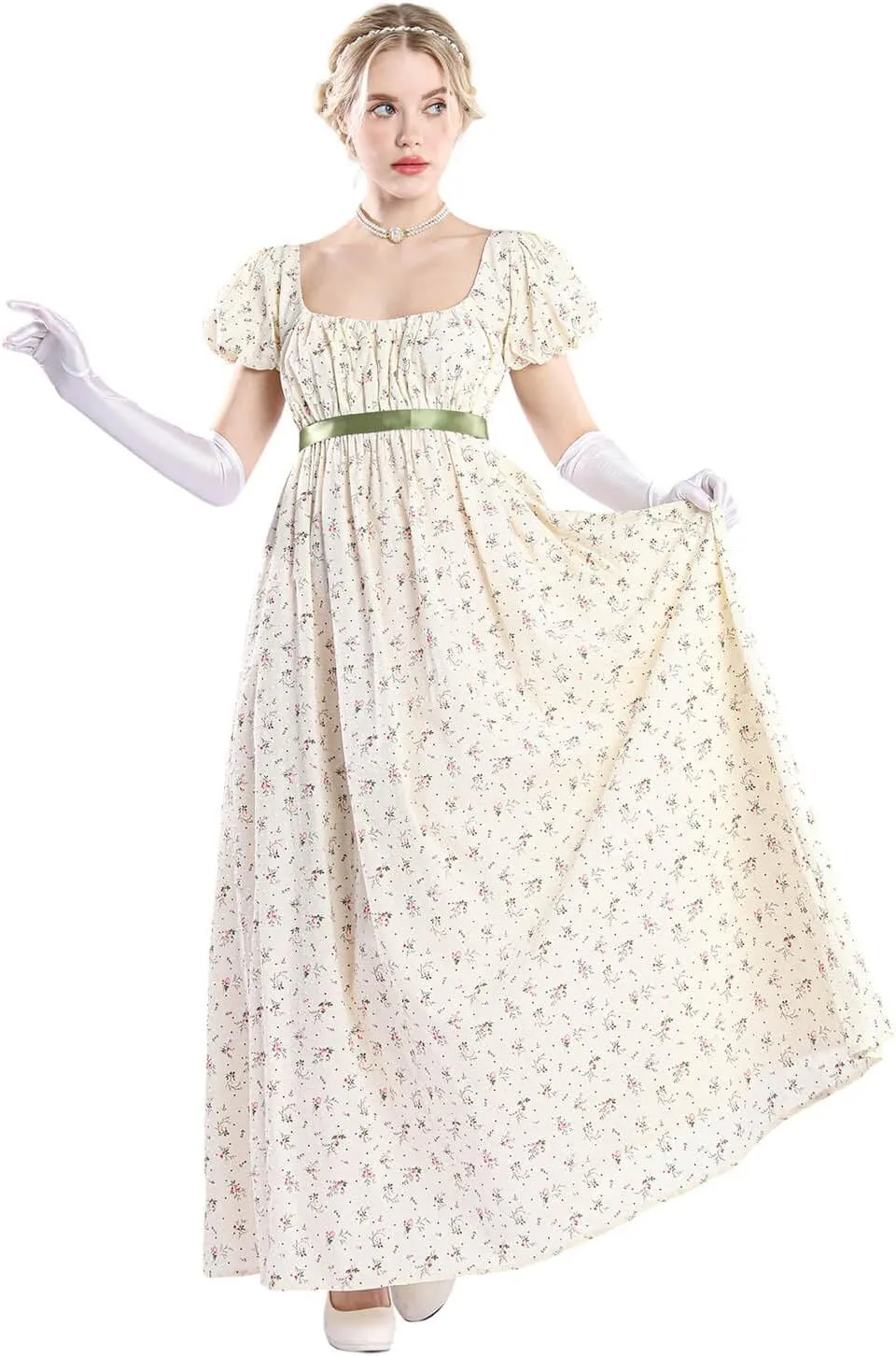 Nuoqi Regency Dresses for Women Floral Regency Era Dress Empire Waist Long Tea Party Dress