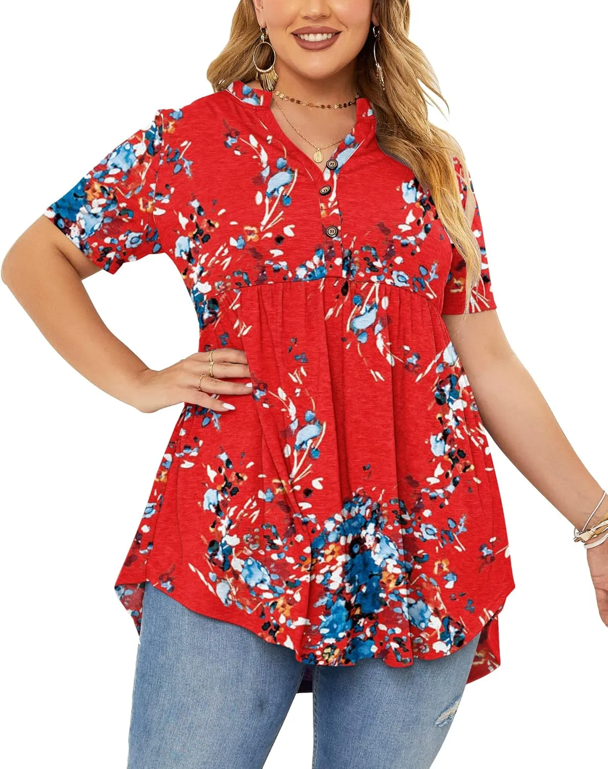 PLOKNRD Women's Plus Size Tops Short Sleeve Henley V Neck Button Up Flowy T Shirts Tunic Loose Blouses