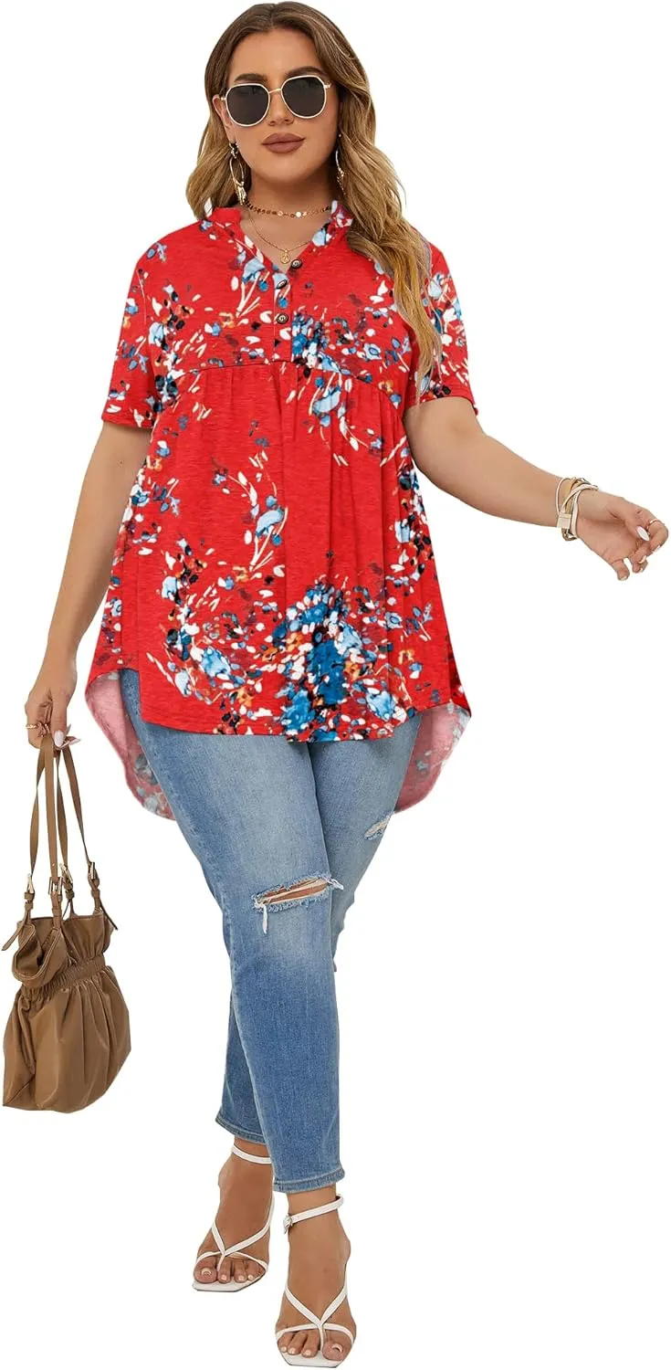 PLOKNRD Women's Plus Size Tops Short Sleeve Henley V Neck Button Up Flowy T Shirts Tunic Loose Blouses