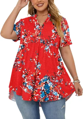 PLOKNRD Women's Plus Size Tops Short Sleeve Henley V Neck Button Up Flowy T Shirts Tunic Loose Blouses