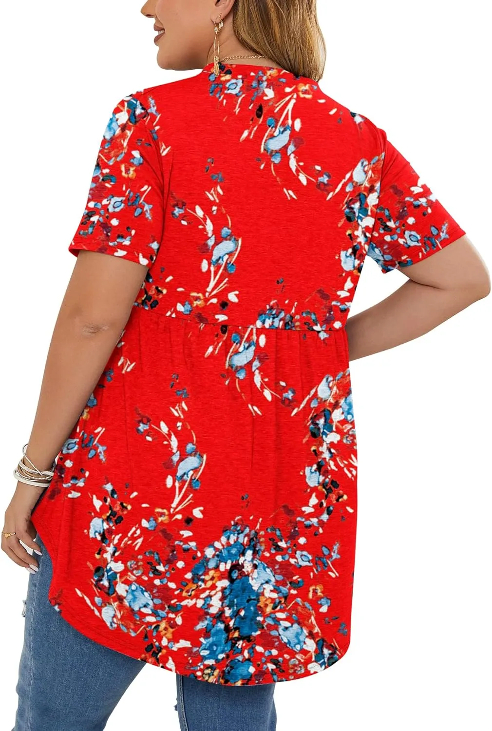 PLOKNRD Women's Plus Size Tops Short Sleeve Henley V Neck Button Up Flowy T Shirts Tunic Loose Blouses