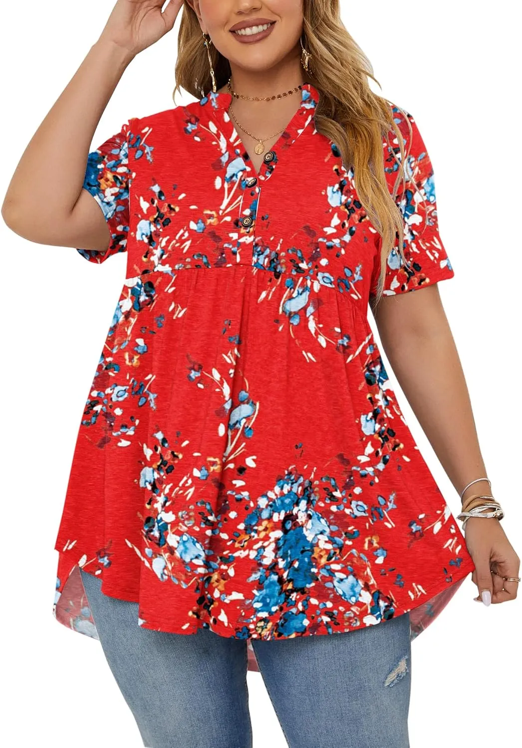 PLOKNRD Women's Plus Size Tops Short Sleeve Henley V Neck Button Up Flowy T Shirts Tunic Loose Blouses