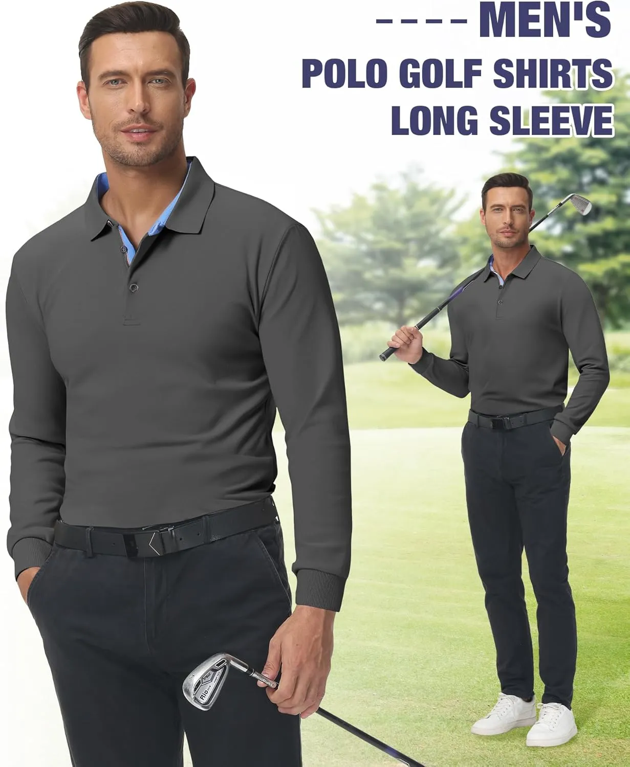 Polo Shirts for Men Long Sleeve Moisture Wicking Golf Polos Casual Travel Performance Collar Shirts