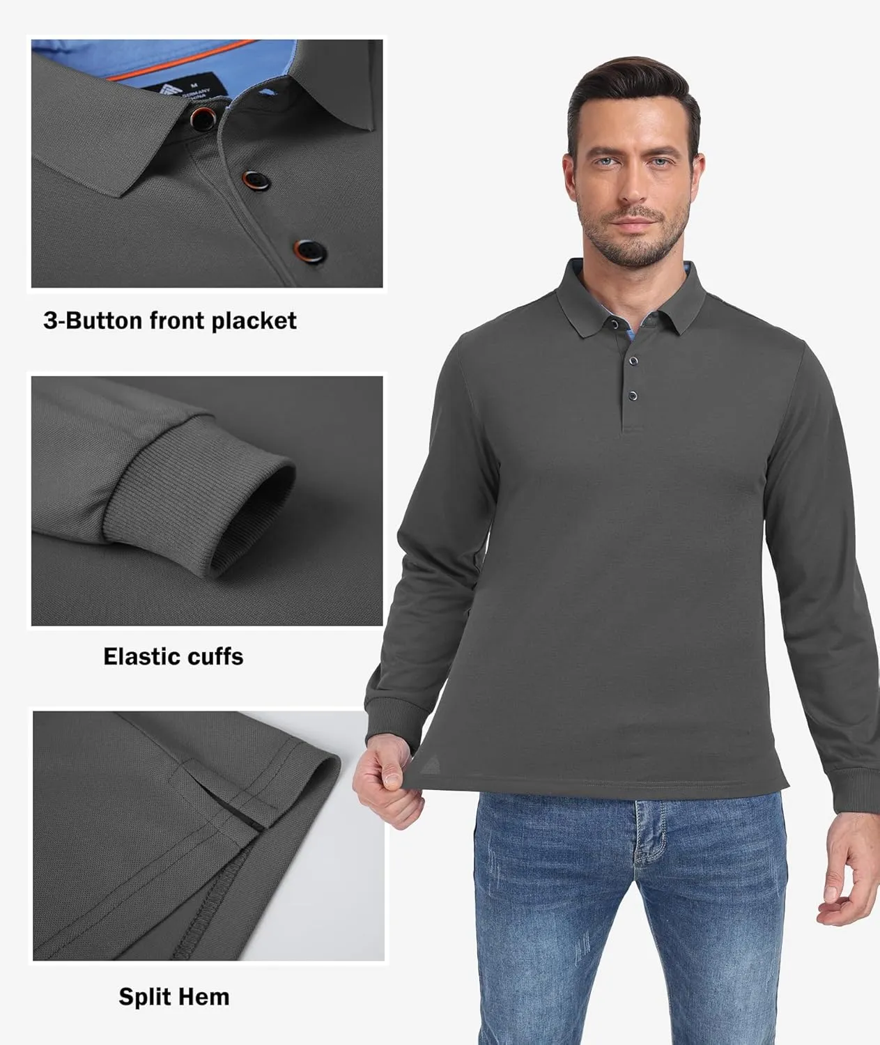 Polo Shirts for Men Long Sleeve Moisture Wicking Golf Polos Casual Travel Performance Collar Shirts
